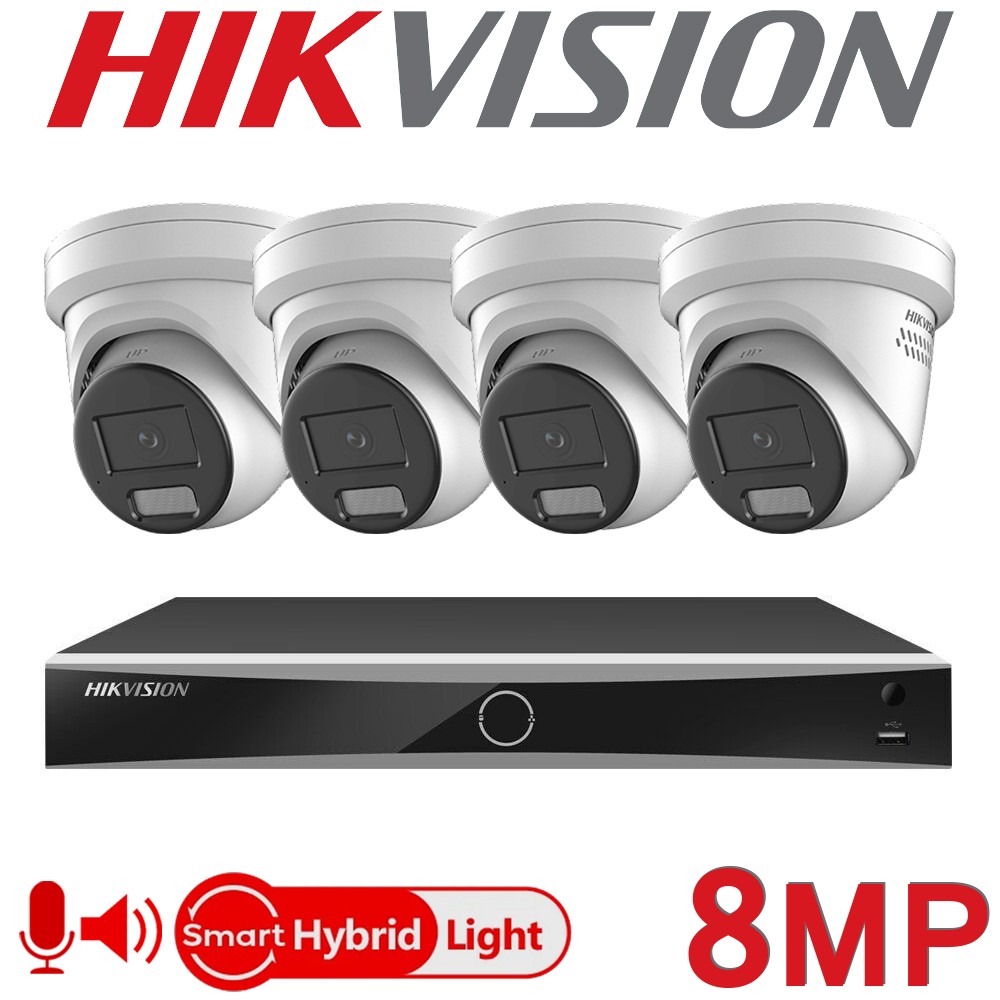 Hikvision 4CH 4K NVR CCTV System 8MP Hybrid ColorVu IP PoE White Two Way Audio Turret Camera Kit DS-7604NXI-K1/4P DS-2CD2387G2H-LISU/SL
