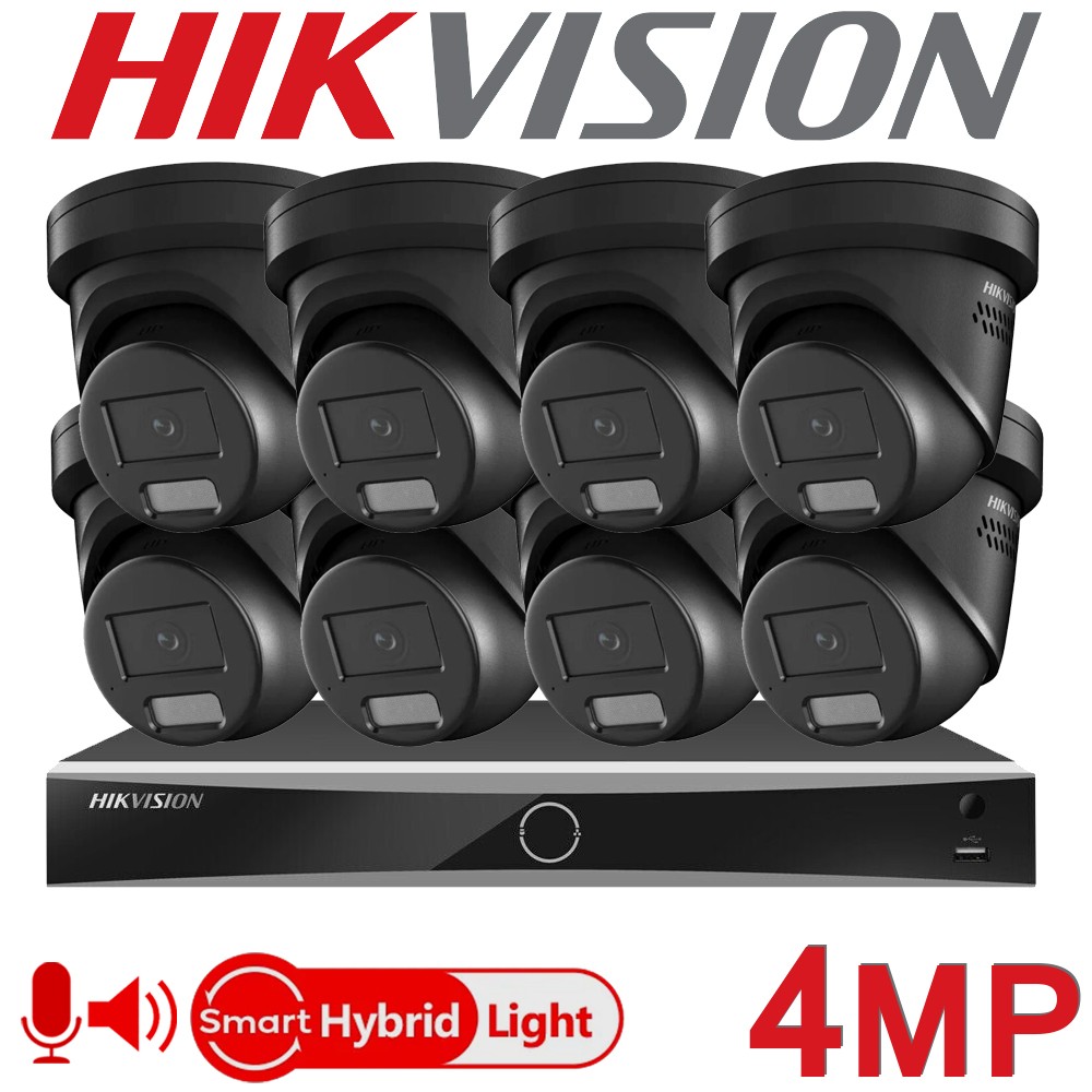 Hikvision 8CH 4K NVR CCTV System 4MP Hybrid ColorVu IP PoE Black Two Way Audio Turret Camera Kit DS-7608NXI-K1/8P DS-7608NXI-K2/8P DS-2CD2347G2H-LISU/SL