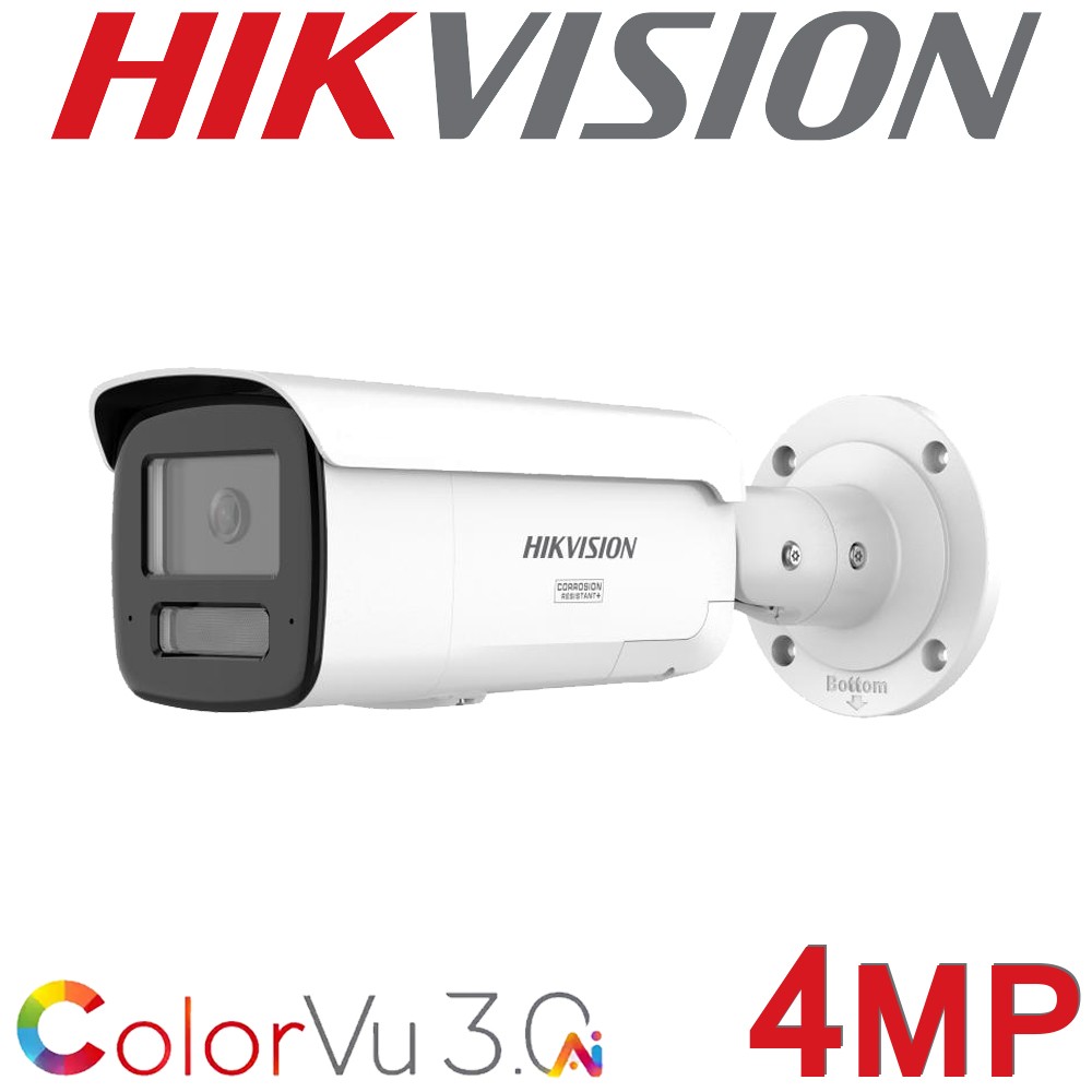 Hikvision DS-2CD2T47G3-LIS2UY/SL 4MP ColorVu 3.0 Two Way Audio 4mm Fixed Bullet CCTV Camera White