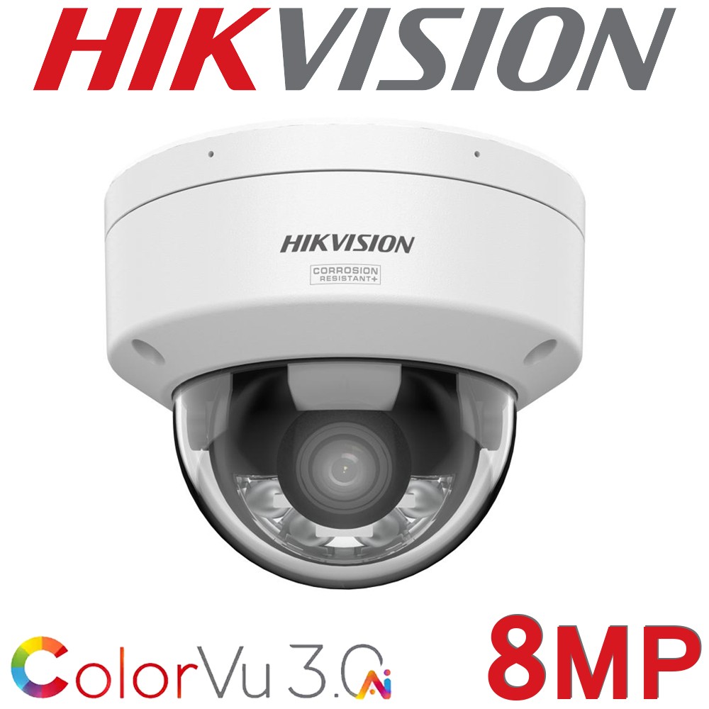 Hikvision DS-2CD2187G3-LIS2UY 8MP 4K ColorVu 3.0 Dual Microphone Audio 4mm Fixed Vandal Dome CCTV Camera White