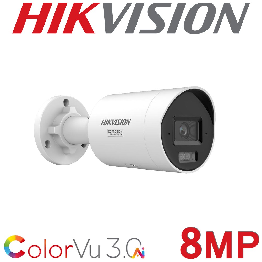 Hikvision DS-2CD2087G3-LI2UY 8MP 4K ColorVu 3.0 Dual Microphone Audio 4mm Fixed Mini Bullet CCTV Camera White
