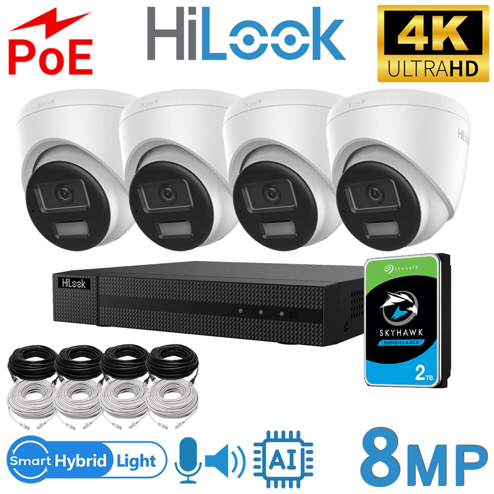 Hikvision HiLook Full System Kit in a Box 4K HD UHD 8MP Hybrid ColorVu Smart Ai Cameras 4CH NVR 2TB HDD NVR-104MH-C/4P IPC-T280HA-LUF/SL