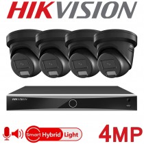 Hikvision 4CH 4K NVR CCTV System 4MP Hybrid ColorVu IP PoE White Two Way Audio Turret Camera Kit Black DS-7604NXI-K1/4P DS-2CD2347G2H-LISU/SL