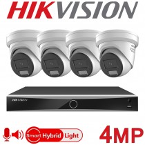 Hikvision 4CH 4K NVR CCTV System 4MP Hybrid ColorVu IP PoE White Two Way Audio Turret Camera Kit DS-7604NXI-K1/4P DS-2CD2347G2H-LISU/SL