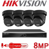 Hikvision 4CH 4K NVR CCTV System 8MP Hybrid ColorVu IP PoE White Two Way Audio Turret Camera Kit Black DS-7604NXI-K1/4P DS-2CD2387G2H-LISU/SL