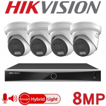 Hikvision 4CH 4K NVR CCTV System 8MP Hybrid ColorVu IP PoE White Two Way Audio Turret Camera Kit DS-7604NXI-K1/4P DS-2CD2387G2H-LISU/SL