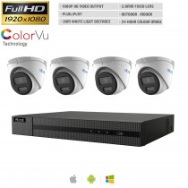 Hikvision HiLook 2MP ColorVu 4 Channel + 4 Camera KIT Bundle Complete Turret 2.8MM 30M White Light CCTV System 1080P 4CH NVR Cables Monitor 1-8TB HDD