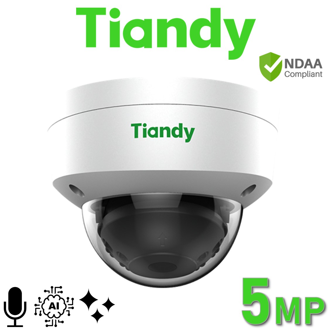 Tiandy TC-C35KS I3/E/Y/C/H/2.8mm/V4.0 PoE 5MP 2.8mm Starlight 30M IR Human/Vehicle Classification Built-in Mic Dome IP Camera TC-C35KS/I3/E/Y/C/H/2.8mm/V4.0