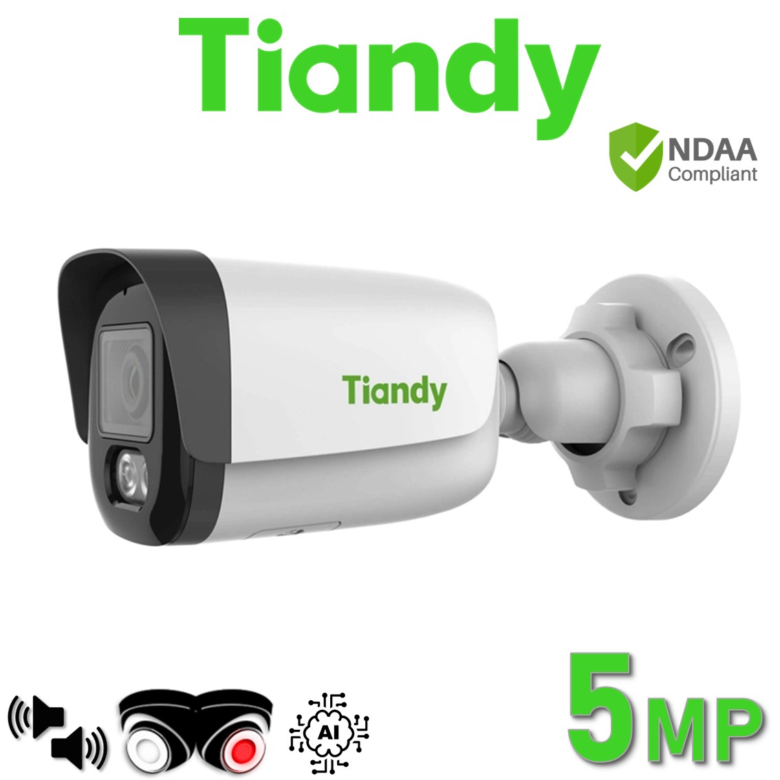Tiandy TC-C35WQ I5W/E/Y/2.8mm/V4.2 5MP Starlight 50M IR & 20M White Light Built-in Mic & Speaker Early Warning Human/Vehicle Classification Bullet IP POE Camera