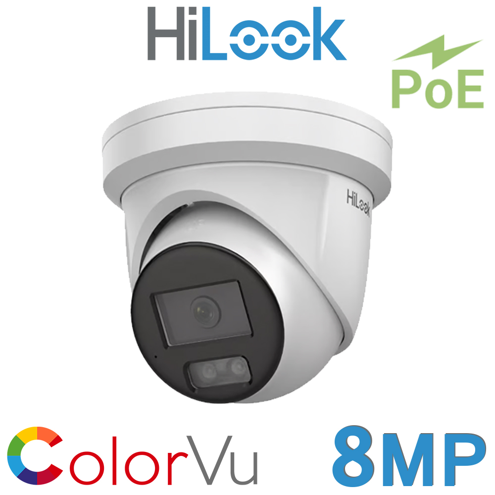 Hikvision HiLook IPC-T289H-MU 8MP 4K 2.8MM Fixed Lens ColorVu 30m White Light 24/7 Colour Audio Mic Built-on IP PoE Network CCTV Dome Turret Camera 