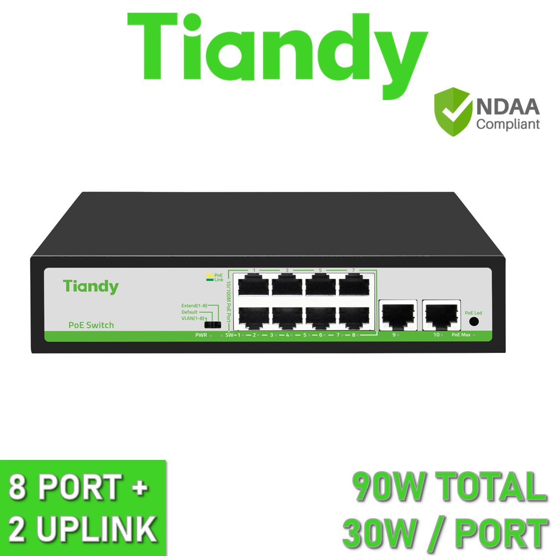 Tiandy TC-P3S010 2/E/HP H/0820/AT/90 8FE+2GE 8x Port + 2x Uplink PoE Network Switch 