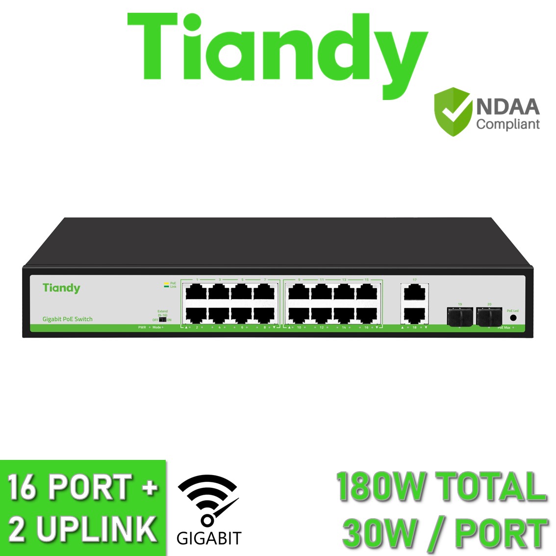 Tiandy TC-P3S020 3/M/HP G/1622/AT/180 16GE+2GE+2SFP 16x Port + 2x Uplink Gigabit PoE Network Switch
