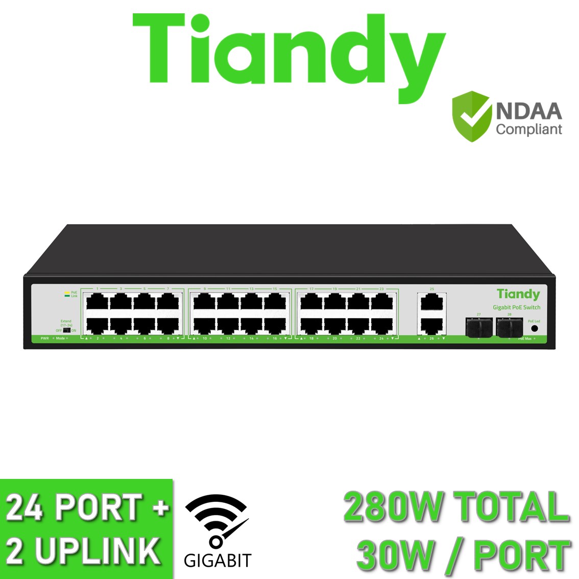 Tiandy TC-P3S028 3/M/HP G/2422/AT/280 24GE+2GE+2SFP 24x Port + 2x Uplink Gigabit PoE Network Switch 