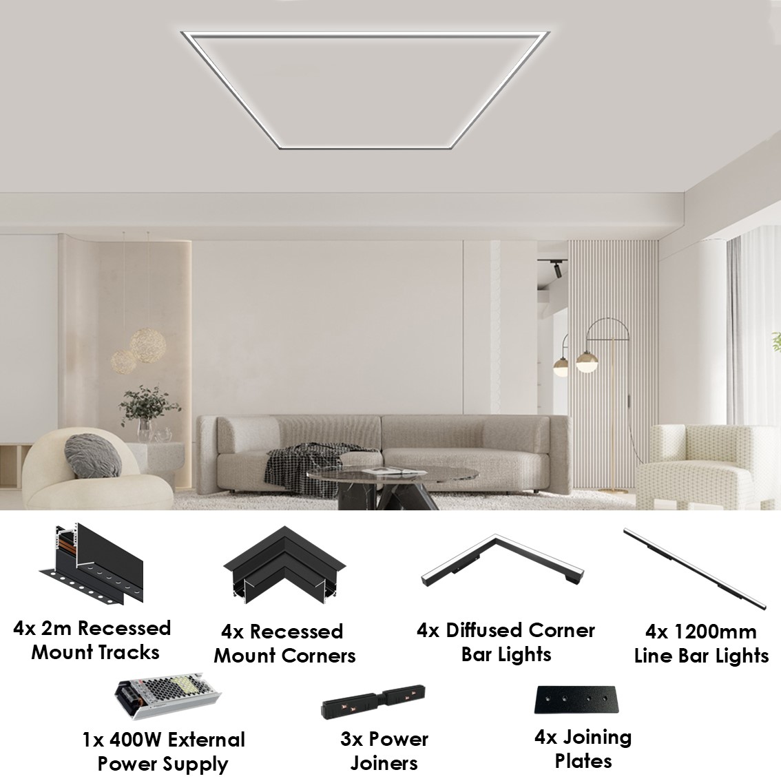 Opulenza Recessed After Plasterboard Mount Magnetic Square Track Kit - Diffused Bar Corner Light System